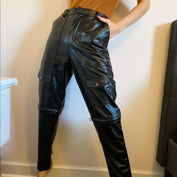 Motel High Waisted Baggy Black Leather Trousers L